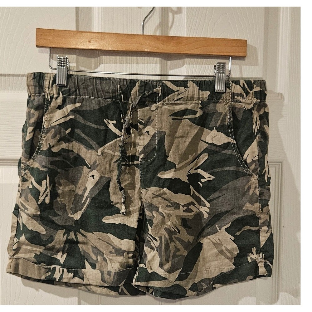 XCVI Wearables Camo Linen Blend Pull On Shorts Small Green Drawstring